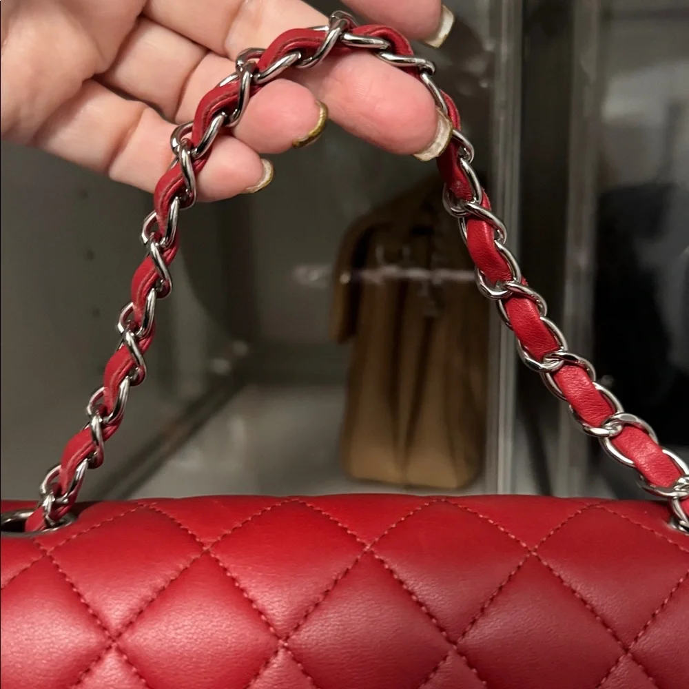 Authentic Chanel Classic Red Quilted Rectangle Mini Lambskin Bag